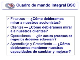 Cuadro de mando Integral BSC


Finanzas — ¿Cómo debieramos
mirar a nuestros accionistas?
Clientes — ¿Cómo debiéramos mirar
a a nuestros clientes?
Operaciones — ¿En cuales procesos de
negocios debemos sobresalir?
Aprendizaje y Crecimiento — ¿Cómo
debieramos mantener nuestras
capacidades de cambiar y mejorar?
 