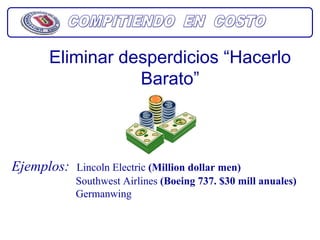 Eliminar desperdicios “Hacerlo
                Barato”



Ejemplos:   Lincoln Electric (Million dollar men)
            Southwest Airlines (Boeing 737. $30 mill anuales)
            Germanwing
 