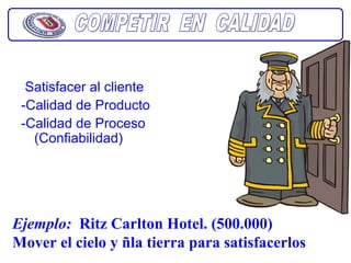Satisfacer al cliente
 -Calidad de Producto
 -Calidad de Proceso
   (Confiabilidad)




Ejemplo: Ritz Carlton Hotel. (500.000)
Mover el cielo y ñla tierra para satisfacerlos
 