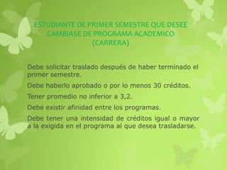 ESTUDIANTE DE PRIMER SEMESTRE QUE DESEE 
CAMBIASE DE PROGRAMA ACADEMICO 
(CARRERA) 
Debe solicitar traslado después de haber terminado el 
primer semestre. 
Debe haberlo aprobado o por lo menos 30 créditos. 
Tener promedio no inferior a 3,2. 
Debe existir afinidad entre los programas. 
Debe tener una intensidad de créditos igual o mayor 
a la exigida en el programa al que desea trasladarse. 
 