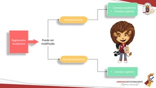 Reglamento
Académico
Puede ser
modificado
Temporalmente
Permanentemente
• Consejo académico
• Consejo superior
• Consejo superior
 