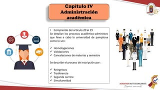 Capítulo IV
Administración
académica
• Comprende del artículo 20 al 29
Se detallan los procesos académico-administro
que lleva a cabo la universidad de pamplona
como lo son:
 Homologaciones
 Validaciones
 Cancelaciones de materias y semestre
Se describe el proceso de inscripción por:
 Reingresos
 Trasferencia
 Segunda carrera
 Simultaneidad
 