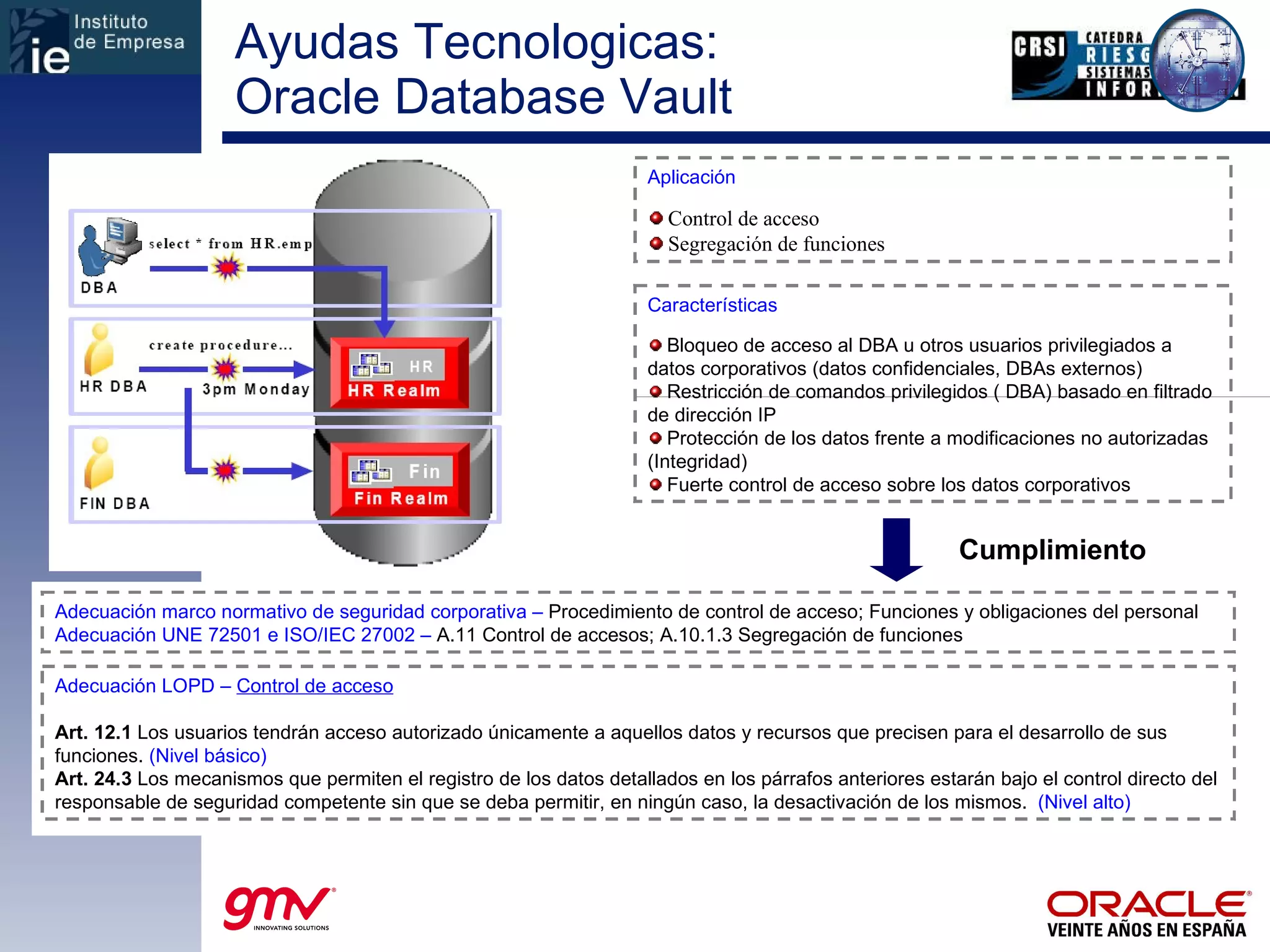 Ayudas Tecnologicas: Oracle Database Vault Adecuación LOPD –  Control de acceso Art. 12.1  Los usuarios tendrán acceso autorizado únicamente a aquellos datos y recursos que precisen para el desarrollo de sus funciones.  (Nivel básico) Art. 24.3  Los mecanismos que permiten el registro de los datos detallados en los párrafos anteriores estarán bajo el control directo del responsable de seguridad competente sin que se deba permitir, en ningún caso, la desactivación de los mismos.  (Nivel alto) Características Bloqueo de acceso al DBA u otros usuarios privilegiados a datos corporativos (datos confidenciales, DBAs externos) Restricción de comandos privilegidos ( DBA) basado en filtrado de dirección IP Protección de los datos frente a modificaciones no autorizadas (Integridad) Fuerte control de acceso sobre los datos corporativos Cumplimiento Aplicación Control de acceso Segregación de funciones Adecuación marco normativo de seguridad corporativa –  Procedimiento de control de acceso; Funciones y obligaciones del personal Adecuación UNE 72501 e ISO/IEC 27002 –  A.11 Control de accesos; A.10.1.3 Segregación de funciones 