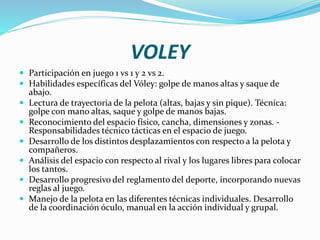 VOLEY
 Participación en juego 1 vs 1 y 2 vs 2.
 Habilidades específicas del Vóley: golpe de manos altas y saque de
abajo.
 Lectura de trayectoria de la pelota (altas, bajas y sin pique). Técnica:
golpe con mano altas, saque y golpe de manos bajas.
 Reconocimiento del espacio físico, cancha, dimensiones y zonas. -
Responsabilidades técnico tácticas en el espacio de juego.
 Desarrollo de los distintos desplazamientos con respecto a la pelota y
compañeros.
 Análisis del espacio con respecto al rival y los lugares libres para colocar
los tantos.
 Desarrollo progresivo del reglamento del deporte, incorporando nuevas
reglas al juego.
 Manejo de la pelota en las diferentes técnicas individuales. Desarrollo
de la coordinación óculo, manual en la acción individual y grupal.
 