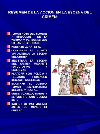 RESUMEN DE LA ACCION EN LA ESCENA DEL
               CRIMEN:



 TOMAR NOTA DEL NOMBRE
 Y DIRECCION       DE LA
 VICTIMA Y PERSONAS QUE
 LO HAN IDENTIFICADO
 PONERSE GUANTES G.
 CONFIRMAR LA MUERTE
 SIN ALTERAR LA ESCENA
 DEL CRIMEN
 REGISTRAR LA ESCENA
 DEL CRIMEN MEDIANTE
 FOTOGRAFIAS           Y
 ESQUEMAS
 PLATICAR CON POLICIA Y
 TECNICOS       FORENSES,
 RECOGER MUESTRAS.
 EXAMINAR EL CUERPO,
 TOMAR     TEMPERATURAS
 DEL AIRE Y RECTAL.
 CUBRIR CABEZA, MANOS Y
 EL CUERPO CON BOLSAS
 DE P.
 DAR UN ULTIMO VISTAZO,
 ANTES DE MOVER EL
 CUERPO.
 