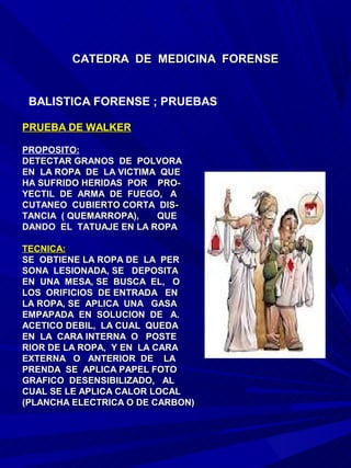CATEDRA DE MEDICINA FORENSE


 BALISTICA FORENSE ; PRUEBAS

PRUEBA DE WALKER

PROPOSITO:
DETECTAR GRANOS DE POLVORA
EN LA ROPA DE LA VICTIMA QUE
HA SUFRIDO HERIDAS POR PRO-
YECTIL DE ARMA DE FUEGO, A
CUTANEO CUBIERTO CORTA DIS-
TANCIA ( QUEMARROPA),   QUE
DANDO EL TATUAJE EN LA ROPA

TECNICA:
SE OBTIENE LA ROPA DE LA PER
SONA LESIONADA, SE DEPOSITA
EN UNA MESA, SE BUSCA EL, O
LOS ORIFICIOS DE ENTRADA EN
LA ROPA, SE APLICA UNA GASA
EMPAPADA EN SOLUCION DE A.
ACETICO DEBIL, LA CUAL QUEDA
EN LA CARA INTERNA O POSTE
RIOR DE LA ROPA, Y EN LA CARA
EXTERNA O ANTERIOR DE LA
PRENDA SE APLICA PAPEL FOTO
GRAFICO DESENSIBILIZADO, AL
CUAL SE LE APLICA CALOR LOCAL
(PLANCHA ELECTRICA O DE CARBON)
 