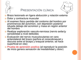 PRESENTACIÓN CLÍNICA
 Brazo lesionado en ligera abducción y rotación externa
 Dolor y contractura muscular
 Al examen físico perdida del contorno del hombro por
prominencia del acromion, con depresión posterior
situada debajo del acromion y masa en región anterior
del hombro
 Realizar exploración vasculo-nerviosa (nervio axilar)y
sensibilidad a nivel deltoides
 Evaluación del nervio musculocutaneo en cara
anterolateral del brazo (perfora el coracobraquial y
discurre entre el biceps y braquial anterior, se hace
superficial en cbe)
 Prueba de aprensión positiva (al reproducir la posición
de inicio genera sensación de inestabilidad y dolor)
 