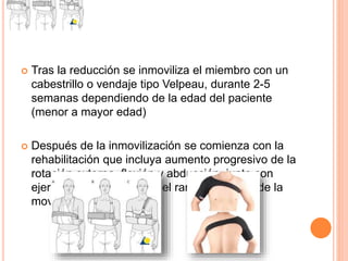  Tras la reducción se inmoviliza el miembro con un
cabestrillo o vendaje tipo Velpeau, durante 2-5
semanas dependiendo de la edad del paciente
(menor a mayor edad)
 Después de la inmovilización se comienza con la
rehabilitación que incluya aumento progresivo de la
rotación externa, flexión y abducción, junto con
ejercicios para recuperar el rango completo de la
movilidad articular
 