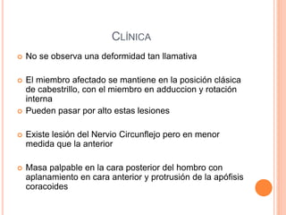 CLÍNICA
 No se observa una deformidad tan llamativa
 El miembro afectado se mantiene en la posición clásica
de cabestrillo, con el miembro en adduccion y rotación
interna
 Pueden pasar por alto estas lesiones
 Existe lesión del Nervio Circunflejo pero en menor
medida que la anterior
 Masa palpable en la cara posterior del hombro con
aplanamiento en cara anterior y protrusión de la apófisis
coracoides
 