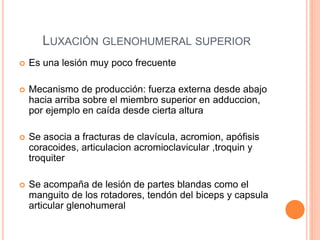 LUXACIÓN GLENOHUMERAL SUPERIOR
 Es una lesión muy poco frecuente
 Mecanismo de producción: fuerza externa desde abajo
hacia arriba sobre el miembro superior en adduccion,
por ejemplo en caída desde cierta altura
 Se asocia a fracturas de clavícula, acromion, apófisis
coracoides, articulacion acromioclavicular ,troquin y
troquiter
 Se acompaña de lesión de partes blandas como el
manguito de los rotadores, tendón del biceps y capsula
articular glenohumeral
 