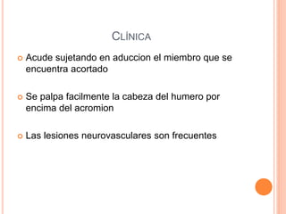 CLÍNICA
 Acude sujetando en aduccion el miembro que se
encuentra acortado
 Se palpa facilmente la cabeza del humero por
encima del acromion
 Las lesiones neurovasculares son frecuentes
 
