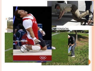 MECANISMO DE LESION
 DIRECTO: EL TRAUMATISMO DIRECTO POR GOLPE,
ACCIDENTE DE TRÁNSITO (ALTA ENERGIA, JOVENES,
BUENA MASA OSEA)
 INDIRECTO:CAIDA CON BRAZO EN EXTENSION,
LESIONES AL LANZAR CON CONTRACCIONES
EXTREMAS, LEVANTAMIENTO DE PESAS
 EL PATRON DE FRACTURA DEPENDERA DE LA FUERZA
APLICADA
-COMPRESION: AFECTA PROXIMAL O DISTAL
-FLEXION: TRANSVERSAS DE DIAFISIS
-TORSION: ESPIROIDEAS DE DIAFISIS
-TORSION Y FLEXION: OBLICUAS, CON FRAGMENTO EN
ALAS DE MARIPOSA
 