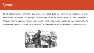 Ejemplo
Es el academicista, verbalista, que dicta sus clases bajo un régimen de disciplina a unos
estudiantes receptores. Un ejemplo de este método es la forma como los niños aprenden la
lengua materna; oyendo, viendo, observando y repitiendo muchas veces; De esta manera el niño
adquiere la “herencia cultural de la sociedad”, aquí está representada el maestro como autoridad.
 