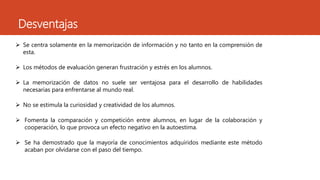 Desventajas
 Se centra solamente en la memorización de información y no tanto en la comprensión de
esta.
 Los métodos de evaluación generan frustración y estrés en los alumnos.
 La memorización de datos no suele ser ventajosa para el desarrollo de habilidades
necesarias para enfrentarse al mundo real.
 No se estimula la curiosidad y creatividad de los alumnos.
 Fomenta la comparación y competición entre alumnos, en lugar de la colaboración y
cooperación, lo que provoca un efecto negativo en la autoestima.
 Se ha demostrado que la mayoría de conocimientos adquiridos mediante este método
acaban por olvidarse con el paso del tiempo.
 