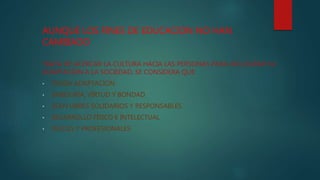 AUNQUE LOS FINES DE EDUCACION NO HAN
CAMBIADO
TRATA DE ACERCAR LA CULTURA HACIA LAS PERSONAS PARA ASÍ LOGRAR SU
ADAPTACIÓN A LA SOCIEDAD, SE CONSIDERA QUE:
• TENGA ADAPTACIÓN
• SABIDURÍA, VIRTUD Y BONDAD
• SEAN LIBRES SOLIDARIOS Y RESPONSABLES
• DESARROLLO FÍSICO E INTELECTUAL
• FELICES Y PROFESIONALES
 