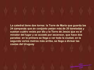 La catedral tiene dos torres: la Torre de María que guarda las
24 campanas que en conjunto pesan más de 20 toneladas y
suenan cuatro veces por día y la Torre de Jesús que es el
mirador del lugar y se accede por ascensor, que hace dos
paradas: en la primera se llega a ver toda la ciudad, en la
segunda varios metros más arriba, se llega a divisar las
costas del Uruguay
 