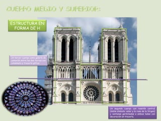 ESTRUCTURA EN
FORMA DE H

Un tercer cuerpo como galería de
conexión entre las dos torres con
columnata y tracería gótica

Un segundo cuerpo con rosetón central
(doble símbolo: solar y la rosa de la Virgen)
y ventanas germinadas a ambos lados con
decoración en tracería.

 