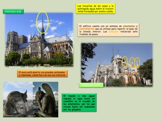 Las tracerías de los vanos y la
puntiaguda aguja sobre el crucero
están formadas por piedra calada.

FACHADA SUR

El edificio cuenta con un sistema de arbotantes y
contrafuertes que se utilizan para repartir el peso de
la bóveda interior. Los pináculos refuerzan este
traslado de pesos.

El muro está abierto con grandes ventanales
y rosetones, cubiertos a su vez con vidrieras.

FACHADA ESTE

El tejado a dos aguas
expulsa el agua hacia los
canalillos en el trasdós de
los arbotantes, por los que
circula hasta ser expulsada
por las gárgolas.

 