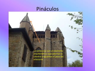Pináculos




Los pináculos son un elemento
arquitectónico que adornan la
catedral y aguantan el peso del
arbotante.
 