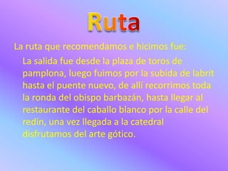 La ruta que recomendamos e hicimos fue:
  La salida fue desde la plaza de toros de
  pamplona, luego fuimos por la subida de labrit
  hasta el puente nuevo, de allí recorrimos toda
  la ronda del obispo barbazán, hasta llegar al
  restaurante del caballo blanco por la calle del
  redín, una vez llegada a la catedral
  disfrutamos del arte gótico.
 