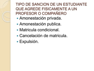 TIPO DE SANCION DE UN ESTUDIANTE 
QUE AGREDE FISICAMENTE A UN 
PROFESOR O COMPAÑERO 
 Amonestación privada. 
 Amonestación publica. 
 Matricula condicional. 
 Cancelación de matricula. 
 Expulsión. 
 