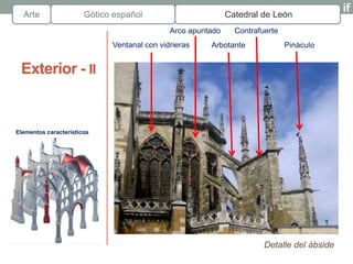 Arte                 Gótico español                        Catedral de León
                                             Arco apuntado     Contrafuerte
                             Ventanal con vidrieras    Arbotante              Pináculo


 Exterior - II


Elementos característicos




                                                                       Detalle del ábside
 