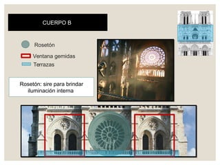 CUERPO B
Rosetón
Ventana gemidas
Terrazas
Rosetón: sire para brindar
iluminación interna
 