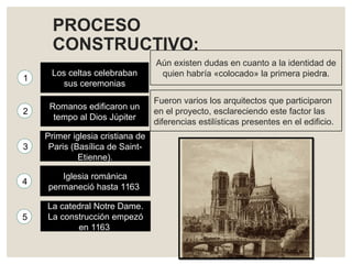 PROCESO
CONSTRUCTIVO:
Los celtas celebraban
sus ceremonias
Romanos edificaron un
tempo al Dios Júpiter
Primer iglesia cristiana de
Paris (Basílica de Saint-
Etienne).
Iglesia románica
permaneció hasta 1163
La catedral Notre Dame.
La construcción empezó
en 1163
Aún existen dudas en cuanto a la identidad de
quien habría «colocado» la primera piedra.
Fueron varios los arquitectos que participaron
en el proyecto, esclareciendo este factor las
diferencias estilísticas presentes en el edificio.
1
2
5
4
3
 