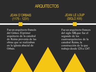 JEAN D´ORBAIS
(1175 - 1231)
Fue un arquitecto francés
del Gótico. Elprimer
arquitecto de la catedral
de Reims provenía de las
obras que se realizaban
en la iglesia abacial de
Orbais.
JEAN LE LOUP
(SIGLO XIII)
Fue un arquitecto frances
del siglo XIII,que fue el
segundo de los
cuatroarquitectos de la
catedral Reims, la
construcción de la que
trabajo desde 1231a 1247.
ARQUITECTOS
 
