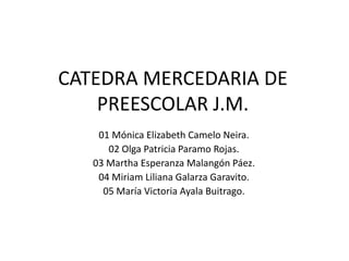 CATEDRA MERCEDARIA DE
    PREESCOLAR J.M.
    01 Mónica Elizabeth Camelo Neira.
      02 Olga Patricia Paramo Rojas.
   03 Martha Esperanza Malangón Páez.
    04 Miriam Liliana Galarza Garavito.
     05 María Victoria Ayala Buitrago.
 