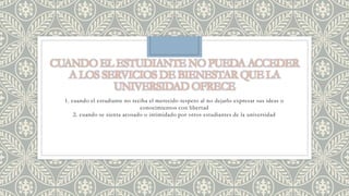 1. cuando el estudiante no reciba el merecido respeto al no dejarlo expresar sus ideas o 
conocimientos con libertad 
cuando se sienta acosado o intimidado por otros estudiantes de la universidad 
 