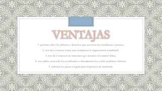 1. permite saber los deberes y derechos que nosotros los estudiantes tenemos. 
2. nos da a conocer como esta compuesta la organización estudiantil. 
3. nos da a conocer las sanciones que tenemos al cometer faltas. 
4. nos indica acerca de los certificados o documentos los cuales podemos solicitar. 
5. informa los pasos a seguir para el proceso de matricula. 
 