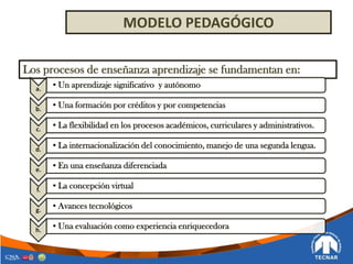 MODELO PEDAGÓGICO
Los procesos de enseñanza aprendizaje se fundamentan en:
a.
•Un aprendizaje significativo y autónomo
b.
•Una formación por créditos y por competencias
c.
•La flexibilidad en los procesos académicos, curriculares y administrativos.
d.
•La internacionalización del conocimiento, manejo de una segunda lengua.
e.
•En una enseñanza diferenciada
f.
•La concepción virtual
g.
•Avances tecnológicos
h.
•Una evaluación como experiencia enriquecedora
 