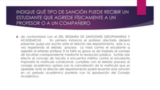 INDIQUE QUÉ TIPO DE SANCIÓN PUEDE RECIBIR UN 
ESTUDIANTE QUE AGREDE FÍSICAMENTE A UN 
PROFESOR O A UN COMPAÑERO 
 de conformidad con el DEL REGIMEN DE SANCIONES DISCIPLINARIAS Y 
ACADEMICAS En primera instancia el profesor afectado deberá 
presentar queja por escrito ante el director del departamento este a su 
vez respetando el debido ´proceso Lo hará contra el estudiante q 
agredió al referido profesor Si la falta es grave se da traslado al consejo 
de facultad correspondiente mediante la resolución pública. Surtido ese 
efecto el concejo de faculta si encuentra méritos contra el estudiante 
impondrá la matricula condicional, cumplido con el debido proceso el 
consejo académico optara con la cancelación de la matricula que es 
apelable ante el director del departamento podrá levantar esta sanción 
en un período académico posterior con la aprobación del Consejo 
Académico. 
 