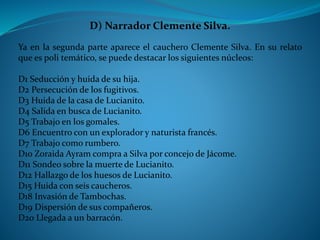 D) Narrador Clemente Silva. 
Ya en la segunda parte aparece el cauchero Clemente Silva. En su relato 
que es poli temático, se puede destacar los siguientes núcleos: 
D1 Seducción y huida de su hija. 
D2 Persecución de los fugitivos. 
D3 Huida de la casa de Lucianito. 
D4 Salida en busca de Lucianito. 
D5 Trabajo en los gomales. 
D6 Encuentro con un explorador y naturista francés. 
D7 Trabajo como rumbero. 
D10 Zoraida Ayram compra a Silva por concejo de Jácome. 
D11 Sondeo sobre la muerte de Lucianito. 
D12 Hallazgo de los huesos de Lucianito. 
D15 Huida con seis caucheros. 
D18 Invasión de Tambochas. 
D19 Dispersión de sus compañeros. 
D20 Llegada a un barracón. 
 