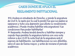 Si Andrea es estudiante de Derecho, y pierde la asignatura 
de Civil II, la razón por la cual la perdió fue que sus padres se 
separaron y tubo una depresión que afecto su rendimiento 
académico. ¿Puede Andrea habilitar esta asignatura? ¿Las 
condiciones Para poder habilitarlas? 
 Respuesta: Andrea tendrá derecho a habilitar siempre y 
cuando haya perdido la asignatura teórica con una nota 
inferior a dos (2.0) la nota final de la asignatura será el 
examen de habilitación. Las habilitaciones no son diferibles, 
salvo el caso de fuerza mayor, y antes de iniciarse el periodo 
académico. 
 