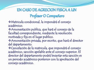Matricula condicional, la impondrá el consejo 
académico. 
Amonestación publica, que hará el consejo de la 
facultad correspondiente, mediante la resolución 
motivada y fija en el lugar publico. 
Amonestación privada, por escrito, que hará el director 
del departamento. 
Cancelación de la matricula, que impondrá el consejo 
académico, sanción apelable ante el consejo superior. El 
director del departamento podrá levantar esta sanción es 
un periodo académico posterior con la aprobación del 
consejo académico. 
 