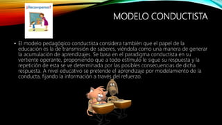 MODELO CONDUCTISTA
• El modelo pedagógico conductista considera también que el papel de la
educación es la de transmisión de saberes, viéndola como una manera de generar
la acumulación de aprendizajes. Se basa en el paradigma conductista en su
vertiente operante, proponiendo que a todo estímulo le sigue su respuesta y la
repetición de esta se ve determinada por las posibles consecuencias de dicha
respuesta. A nivel educativo se pretende el aprendizaje por modelamiento de la
conducta, fijando la información a través del refuerzo.
 