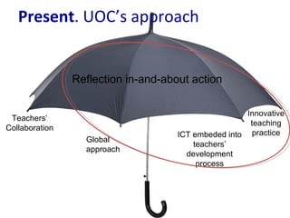 Present .  UOC’s approach Teachers’ Collaboration ICT embeded into teachers’ development process Innovative teaching pract...