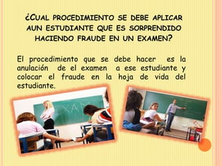 ¿CUAL PROCEDIMIENTO SE DEBE APLICAR 
AUN ESTUDIANTE QUE ES SORPRENDIDO 
HACIENDO FRAUDE EN UN EXAMEN? 
El procedimiento que se debe hacer es la 
anulación de el examen a ese estudiante y 
colocar el fraude en la hoja de vida del 
estudiante. 
 