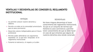 VENTAJAS Y DESVENTAJAS DE CONOSER EL REGLAMENTO 
INSTITUCIONAL 
DESVENTAJAS 
No tiene ninguna desventaja el tener 
conocimiento del reglamento institucional. 
Ya que es un conjunto de normas que 
fomenta la sana convivencia y permite 
tener conocimiento de que se debe hacer 
en caso de que sintamos que alguno de 
nuestros derechos esta siendo vulnerado 
ventajas 
 Nos permite conocer nuestro derechos y 
deberes 
 Permite un orden en la comunidad universitaria 
para la sana convivencia 
 Desarrolla valores indispensables para el futuro 
profesional 
 Permite poder defenderse con argumentos 
basándose en lo que esta estipulado en el 
reglamento institucional 
 Fomenta la tolerancia, el respeto y el orden 
 