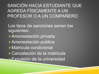 SANCIÓN HACIA ESTUDIANTE QUE 
AGREDA FÍSICAMENTE A UN 
PROFESOR O A UN COMPAÑERO 
Los tipos de sanciones serian los 
siguientes: 
Amonestación privada 
Amonestación publica 
Matricula condicional 
Cancelación de la matricula 
Expulsión de la universidad 
 
