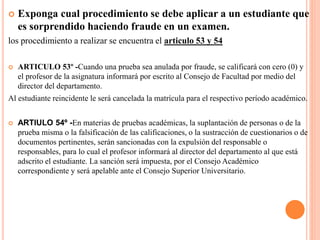  Exponga cual procedimiento se debe aplicar a un estudiante que 
es sorprendido haciendo fraude en un examen. 
los procedimiento a realizar se encuentra el articulo 53 y 54 
 ARTICULO 53º -Cuando una prueba sea anulada por fraude, se calificará con cero (0) y 
el profesor de la asignatura informará por escrito al Consejo de Facultad por medio del 
director del departamento. 
Al estudiante reincidente le será cancelada la matrícula para el respectivo período académico. 
 ARTIULO 54º -En materias de pruebas académicas, la suplantación de personas o de la 
prueba misma o la falsificación de las calificaciones, o la sustracción de cuestionarios o de 
documentos pertinentes, serán sancionadas con la expulsión del responsable o 
responsables, para lo cual el profesor informará al director del departamento al que está 
adscrito el estudiante. La sanción será impuesta, por el Consejo Académico 
correspondiente y será apelable ante el Consejo Superior Universitario. 
 