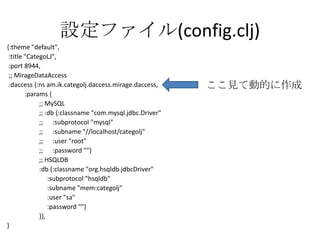 設定ファイル(config.clj){:theme "default", :title "CategoLJ", :port 8944,;; MirageDataAccess:daccess {:ns am.ik.categolj.daccess.mirage.daccess,:params {;; MySQL;; :db {:classname "com.mysql.jdbc.Driver";;      :subprotocol "mysql";;      :subname "//localhost/categolj";;      :user "root";;      :password ""};; HSQLDB:db {:classname "org.hsqldb.jdbcDriver":subprotocol "hsqldb":subname "mem:categolj":user "sa":password ""}}},}ここ見て動的に作成