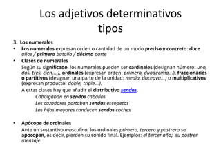 Los adjetivos determinativos
tipos
3. Los numerales
• Los numerales expresan orden o cantidad de un modo preciso y concreto: doce
años / primera batalla / décima parte
• Clases de numerales
Según su significado, los numerales pueden ser cardinales (designan número: uno,
dos, tres, cien....), ordinales (expresan orden: primero, duodécima...), fraccionarios
o partitivos (designan una parte de la unidad: media, doceava...) o multiplicativos
(expresan producto: doble, triple...).
A estas clases hay que añadir el distributivo sendos.
Cabalgaban en sendos caballos
Los cazadores portaban sendas escopetas
Los hijos mayores conducen sendos coches
• Apócope de ordinales
Ante un sustantivo masculino, los ordinales primero, tercero y postrero se
apocopan, es decir, pierden su sonido final. Ejemplos: el tercer año; su postrer
mensaje.
 