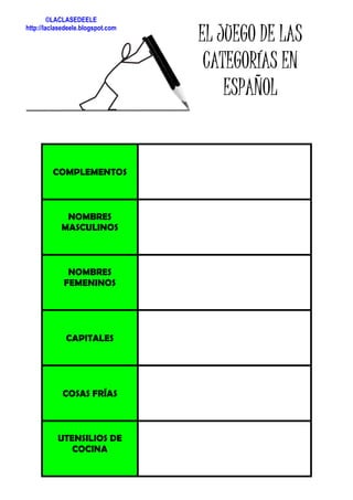 COMPLEMENTOS
NOMBRES
MASCULINOS
NOMBRES
FEMENINOS
CAPITALES
COSAS FRÍAS
UTENSILIOS DE
COCINA
EL JUEGO DE LASEL JUEGO DE LASEL JUEGO DE LASEL JUEGO DE LAS
CATEGORÍAS ENCATEGORÍAS ENCATEGORÍAS ENCATEGORÍAS EN
ESPAÑOLESPAÑOLESPAÑOLESPAÑOL
©LACLASEDEELE
http://laclasedeele.blogspot.com
 