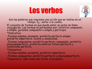 Son las palabras que expresan una acción que se realiza en un tiempo. Ej.: saltar a la comba. El conjunto de formas en que puede estar un verbo se llama conjugación. Las formas no personales son: infinitivo compuesto o simple, gerundio compuesto o simple y participio. *Indicativo: Formas simples: presente, pretérito perfecto simple, pretérito imperfecto, futuro y condicional. Formas compuestas: pretérito perfecto compuesto, pretérito pluscuamperfecto, pretérito anterior futuro perfecto y condicional perfecto. *Subjuntivo: -Formas simples: presente, pretérito imperfecto. -Formas compuestas: pretérito perfecto y pluscuamperfecto. *Imperativo: Sólo tiene una forma, el presente. Los verbos 