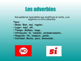 Son palabras invariables que modifican al verbo, a un adjetivo o a otro adverbio. Tipos: Modo: Bien, mal, regular… Lugar: Aquí, allí… Tiempo: Mañana, luego… Afirmación: Sí, también, verdaderamente… Negación: No, tampoco, jamás… Cantidad: Mucho, poco, demasiado… Los adverbios 