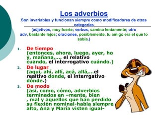 Los adverbios
 Son invariables y funcionan siempre como modificadores de otras
                              categorías
       (adjetivos, muy fuerte; verbos, camina lentamente; otro
 adv, bastante lejos; oraciones, posiblemente, tu amigo era el que lo
                                sabía.)

1.   De tiempo
     (entonces, ahora, luego, ayer, ho
     y, mañana,…, el relativo
     cuando, el interrogativo cuándo.)
2.   De lugar
     (aquí, ahí, allí, acá, allá,…el
     realtivo donde, el interrgativo
     dónde.)
3.   De modo
     (así, como, cómo, adverbios
     terminados en –mente, bien
     , mal y aquellos que han perdido
     su flexión nominal-habla siempre
     alto, Ana y María visten igual-
 