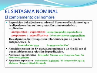 EL SINTAGMA NOMINAL
El complemento del nombre
 La posición del adjetivo cuando está libre y es el hablante el que
  la elige determina su interpretación como restrictivo o
  explicativo
     antepuestos : explicativos Los sorprendidos espectadores
     pospuestos : especificativos Los espectadores sorprendidos
  Hay algunos adjetivos que son relacionales que no pueden
  anteponerse al N
           La revolución rusa             La rusa revolución*
 Aposiciones: son los SN que aparecen junto a un N o SN con el
  que establecen una relación de predicación.
 Aposición especificativa Gris perla/ Número siete / La prima Ana / Su
  hermano el pianista
 Aposición explicativa Su hermano, el pianista / El campeón de Copa, el
  Mallorca / Jorge, el hijo de Fernando
 